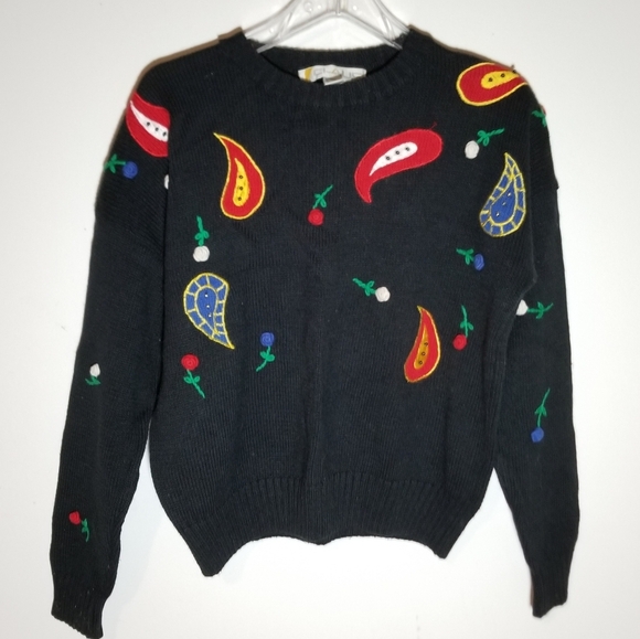 Vintage Sweaters - VTG 80s/90s Chaus black/Roses longsleeve Sweater